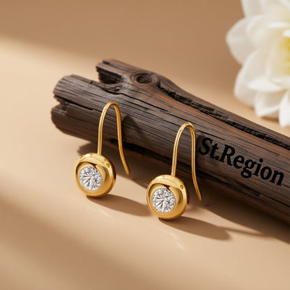 Cubic Zirconia and 18K Gold-Plated Round Hook Drop Earrings, gold drop earrings for women, botanical inspired, front view