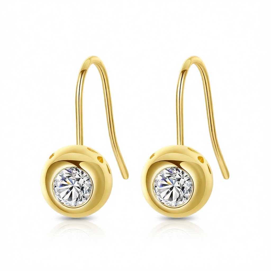 Cubic Zirconia and 18K Gold-Plated Round Hook Drop Earrings, gold drop earrings for women, botanical inspired, side view