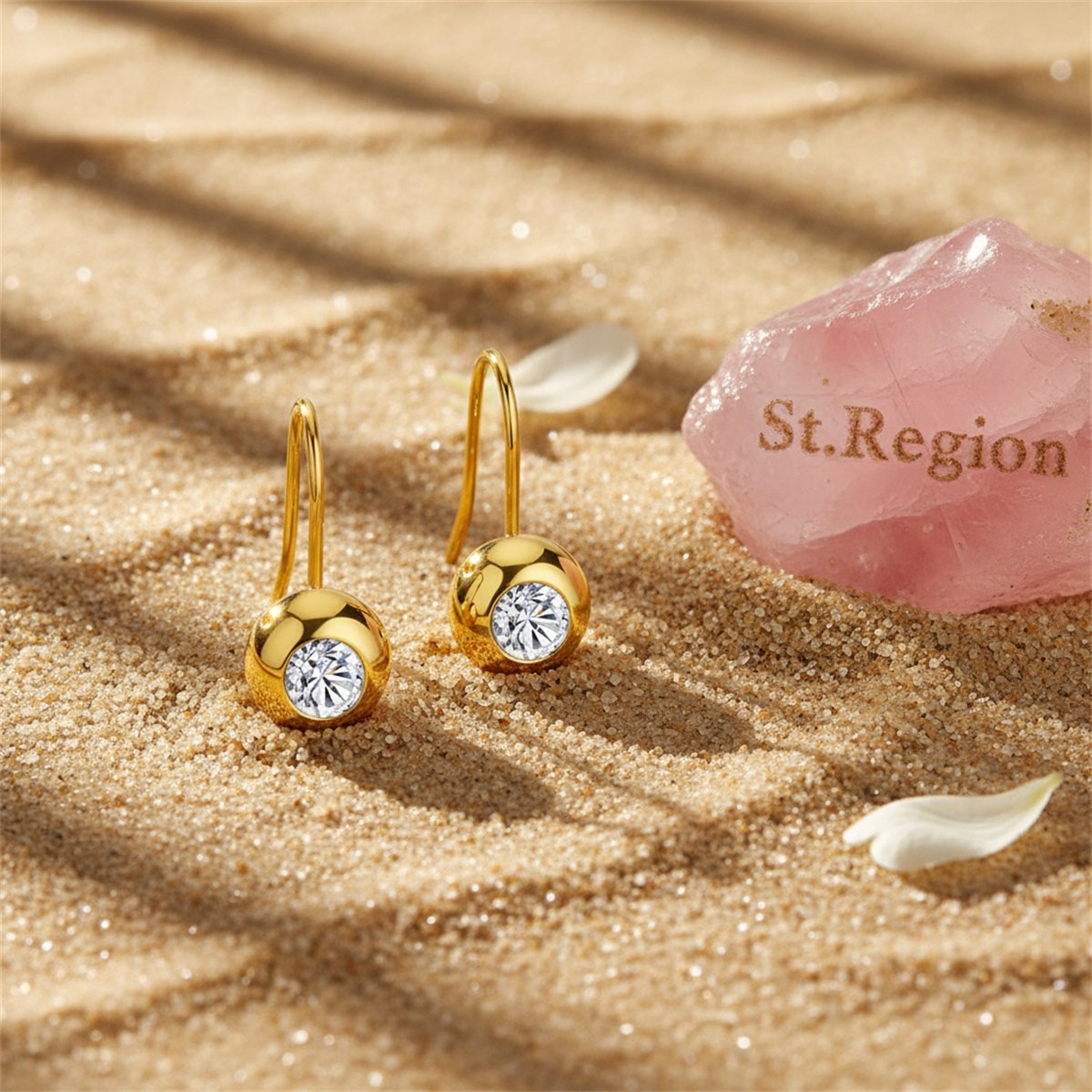 Cubic Zirconia and 18K Gold-Plated Round Hook Drop Earrings, gold drop earrings for women, detail close-up