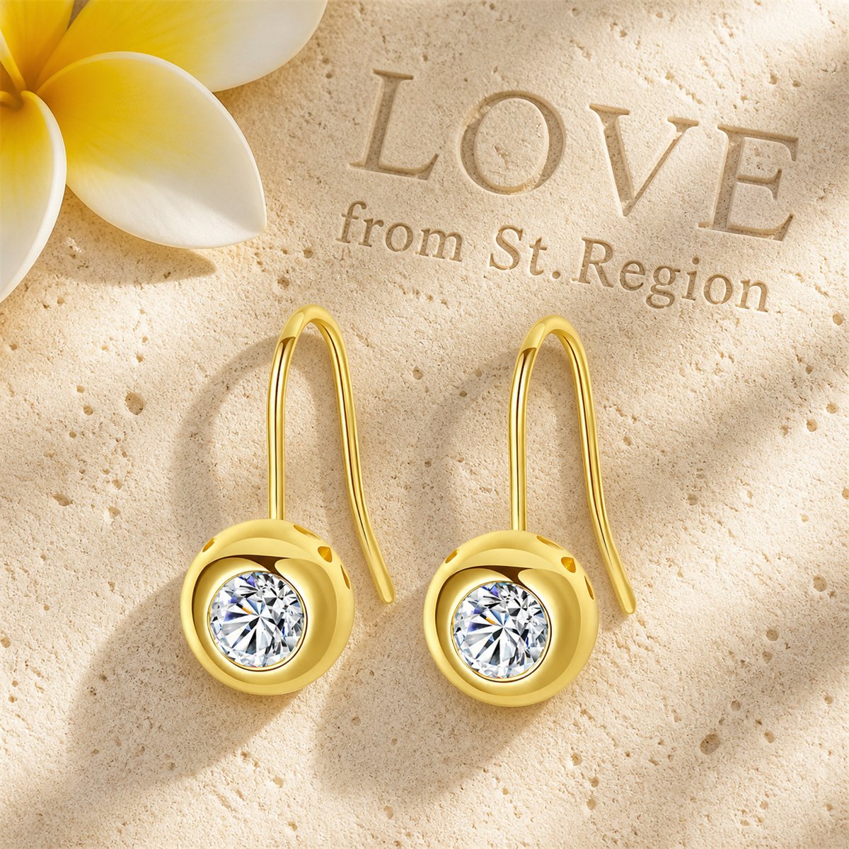 Cubic Zirconia and 18K Gold-Plated Round Hook Drop Earrings, gold drop earrings for women, botanical inspired, lifestyle look