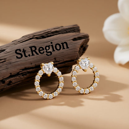 Crystal and Cubic Zirconia Heart Circle Stud Earrings, stud earrings for women, vintage-inspired design, front view