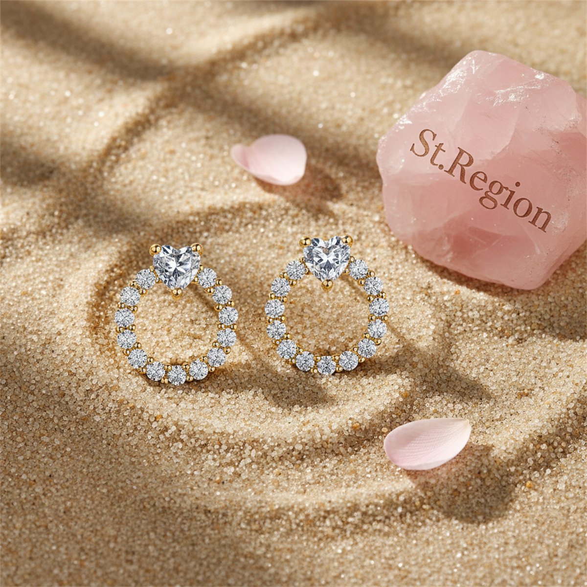Crystal and Cubic Zirconia Heart Circle Stud Earrings, stud earrings for women, vintage-inspired design, detail close-up