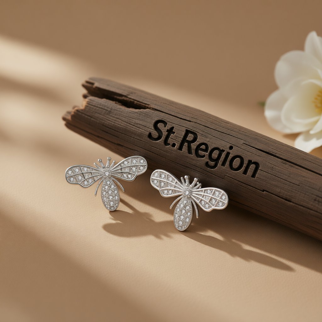 Cubic Zirconia and Silver-Plated Bee Stud Earrings, silver stud earrings for women, everyday style, front view