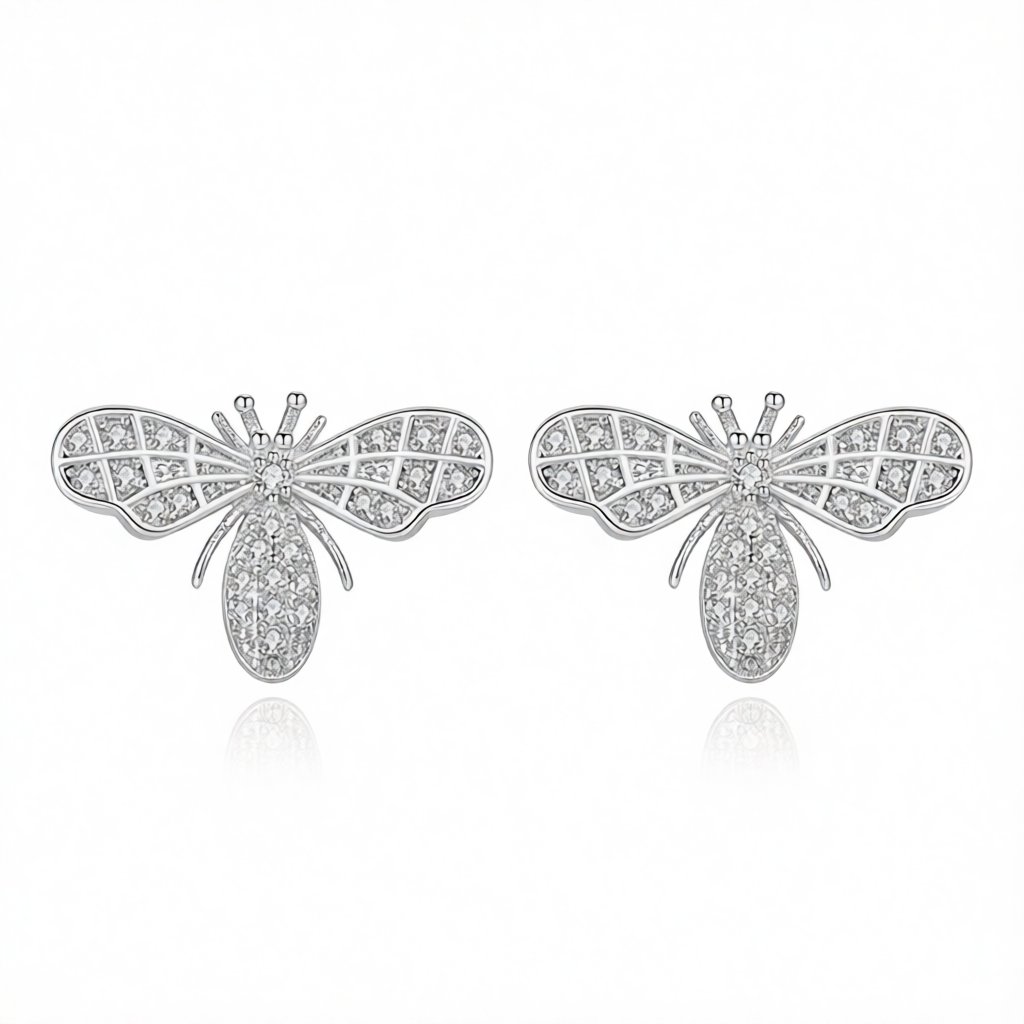 Cubic Zirconia and Silver-Plated Bee Stud Earrings, silver stud earrings for women, everyday style, side view