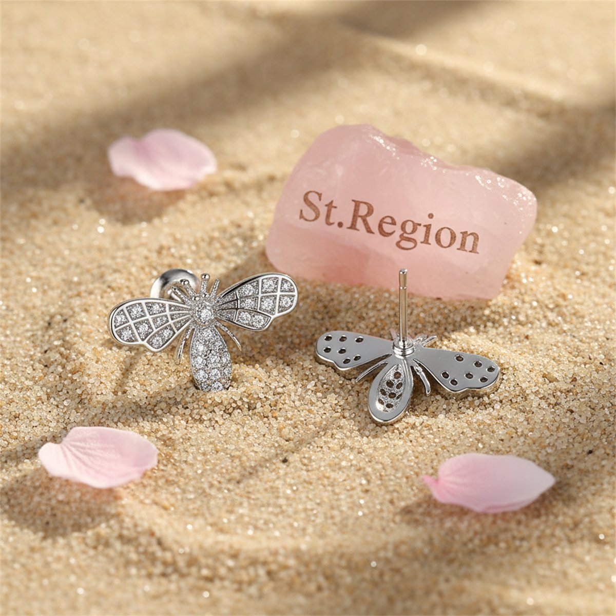 Cubic Zirconia and Silver-Plated Bee Stud Earrings, silver stud earrings for women, everyday style, detail close-up