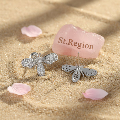 Cubic Zirconia and Silver-Plated Bee Stud Earrings, silver stud earrings for women, everyday style, detail close-up