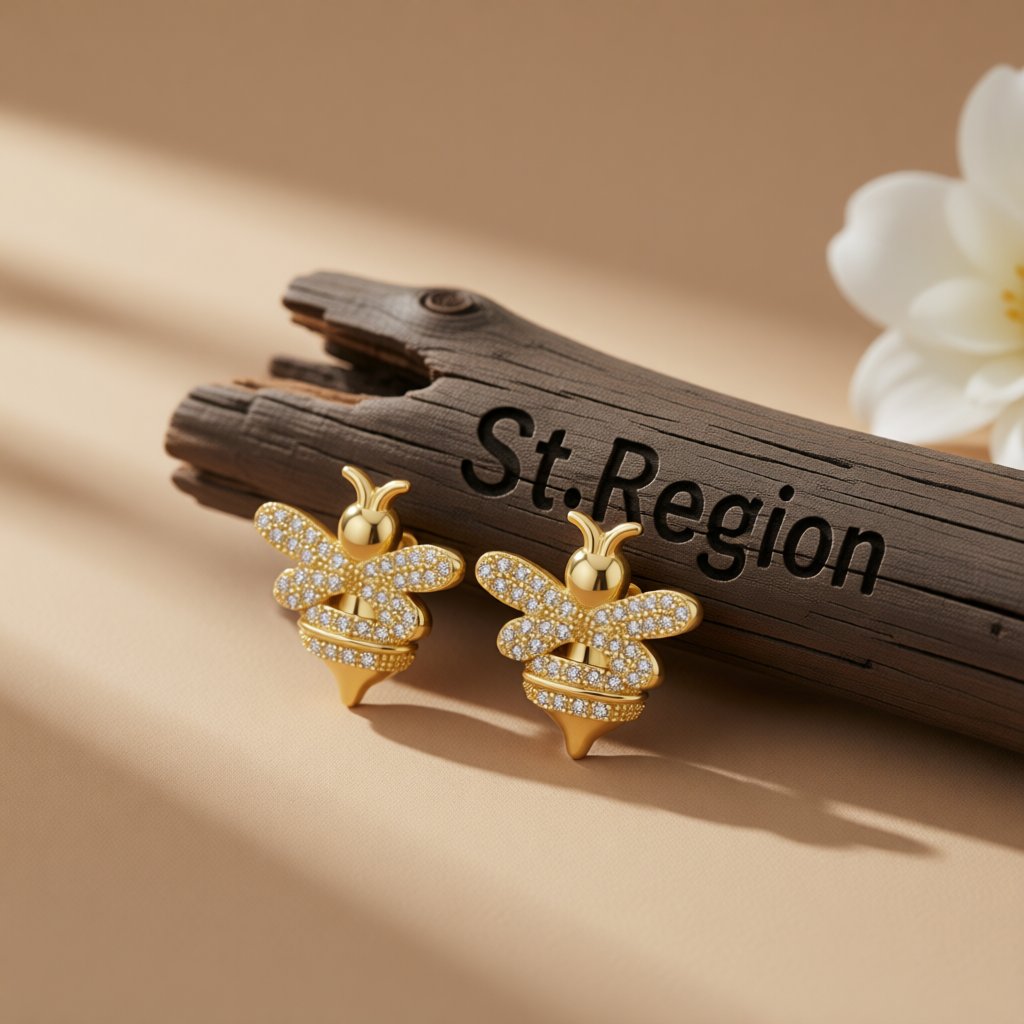 Cubic Zirconia and 18K Gold-Plated Bee Stud Earrings, gold stud earrings for women, botanical inspired, front view
