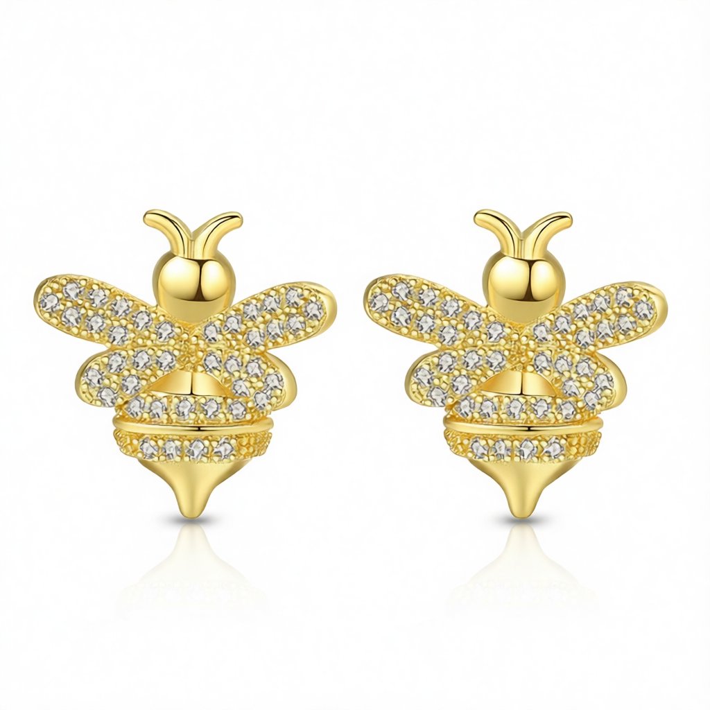 Cubic Zirconia and 18K Gold-Plated Bee Stud Earrings, gold stud earrings for women, botanical inspired, side view