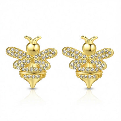 Cubic Zirconia and 18K Gold-Plated Bee Stud Earrings, gold stud earrings for women, botanical inspired, side view
