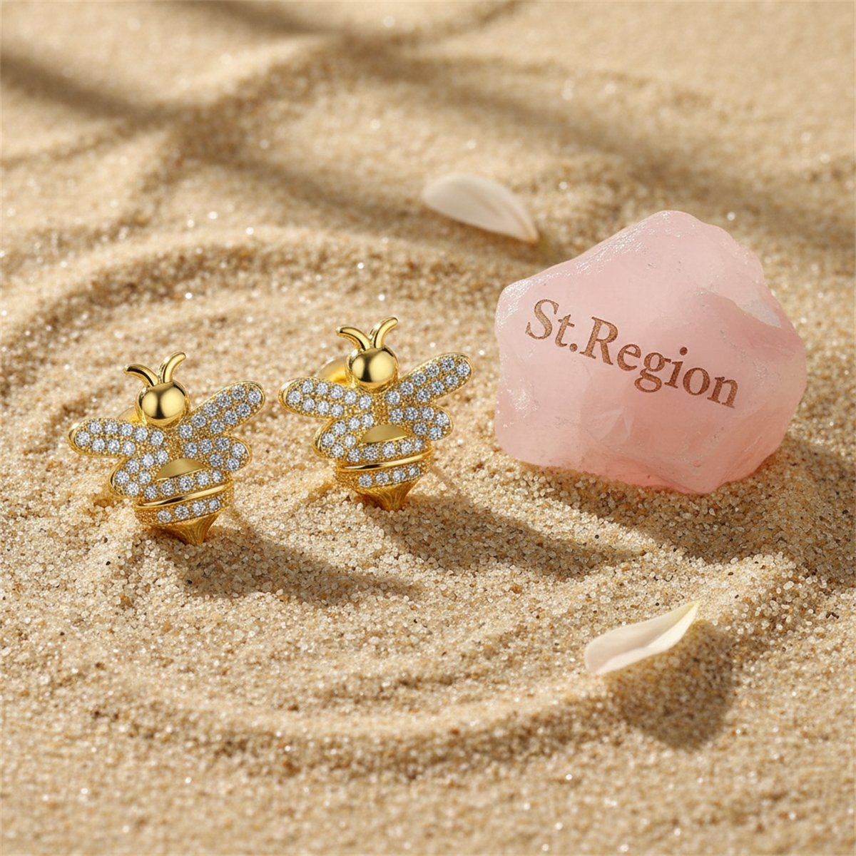 Cubic Zirconia and 18K Gold-Plated Bee Stud Earrings, gold stud earrings for women, botanical inspired, detail close-up