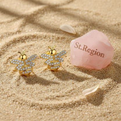 Cubic Zirconia and 18K Gold-Plated Bee Stud Earrings, gold stud earrings for women, botanical inspired, detail close-up