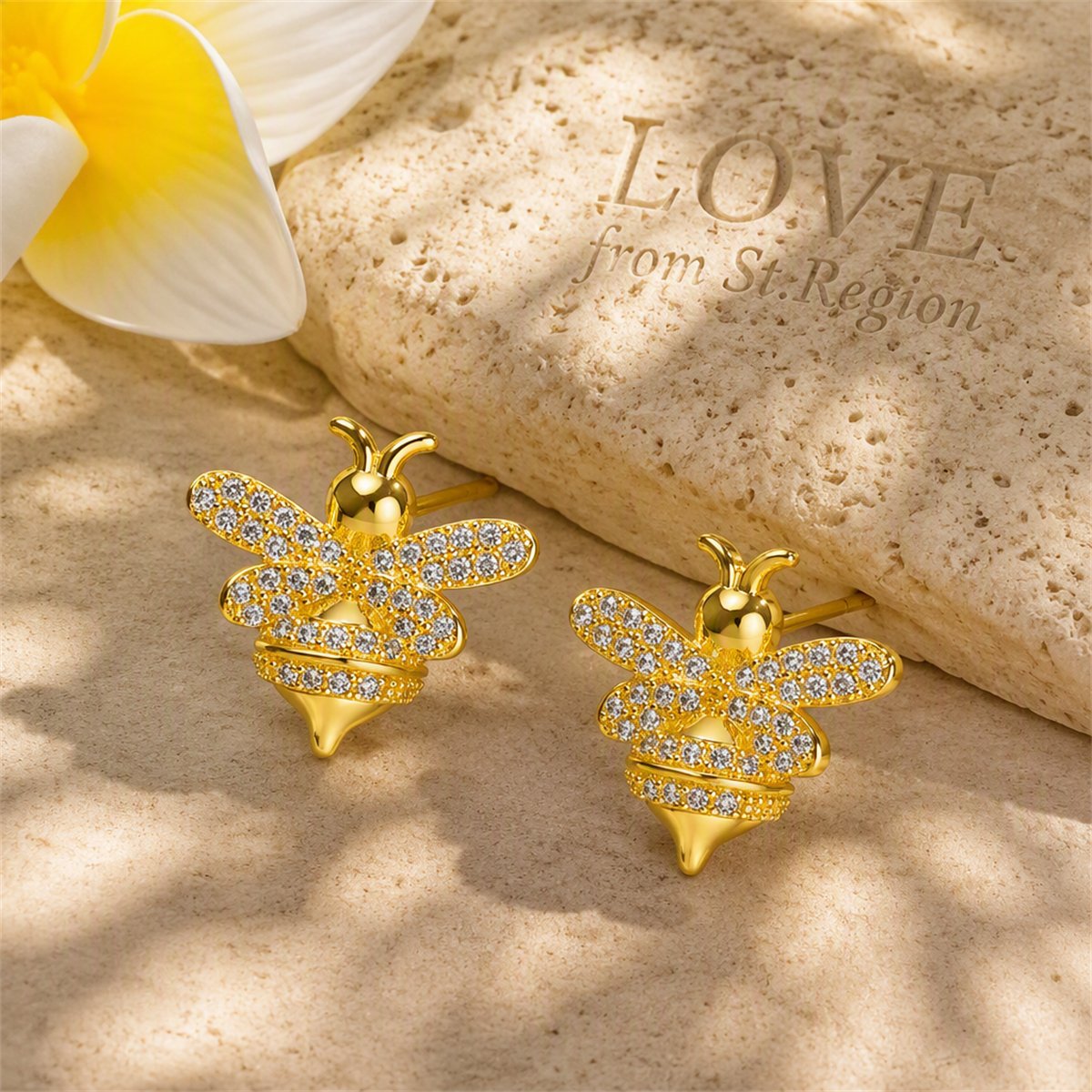 Cubic Zirconia and 18K Gold-Plated Bee Stud Earrings, gold stud earrings for women, botanical inspired, lifestyle look
