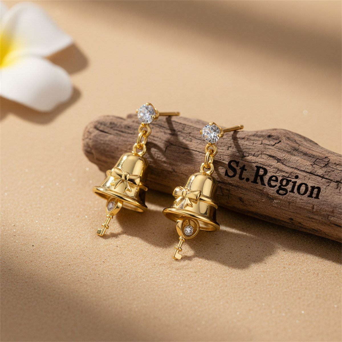 Cubic Zirconia and 18K Gold-Plated Jingle Bell Drop Earrings, gold drop earrings for women, everyday style, front view