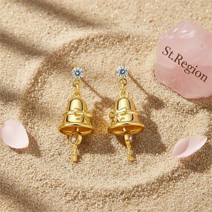 Cubic Zirconia and 18K Gold-Plated Jingle Bell Drop Earrings, gold drop earrings for women, everyday style, detail close-up