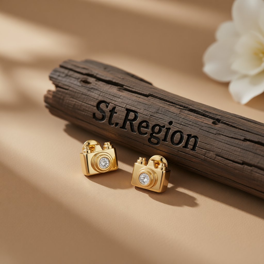 Cubic Zirconia and 18K Gold-Plated Camera Stud Earrings, gold stud earrings for women, elegant gift for her, front view