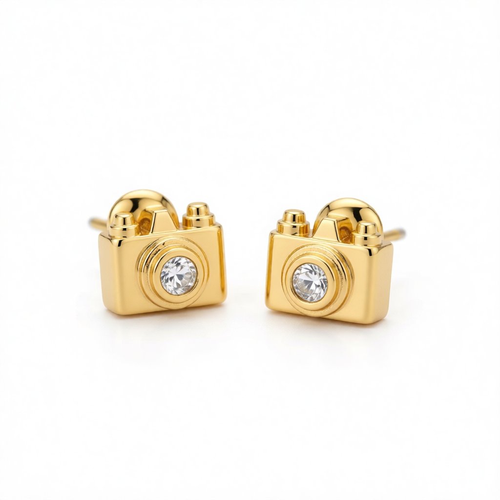Cubic Zirconia and 18K Gold-Plated Camera Stud Earrings, gold stud earrings for women, elegant gift for her, side view