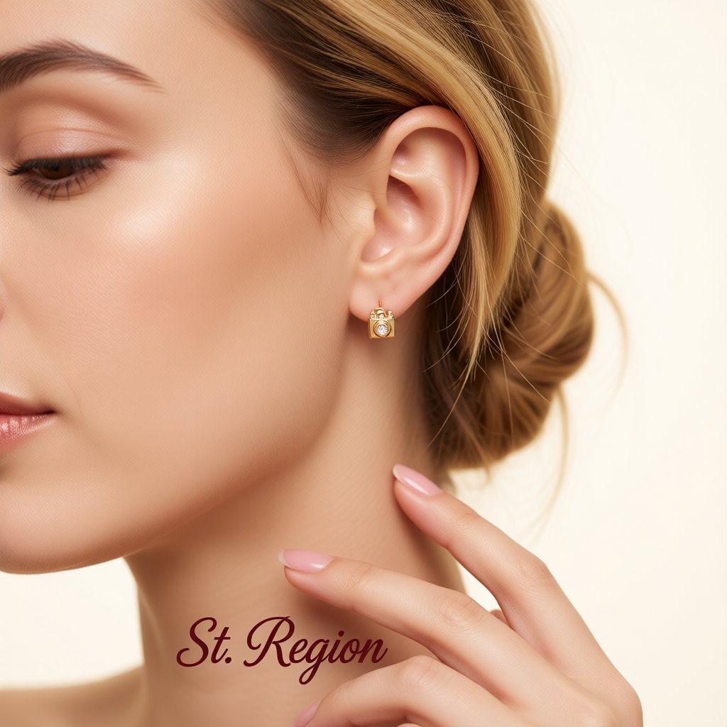 Cubic Zirconia and 18K Gold-Plated Camera Stud Earrings, gold stud earrings for women, elegant gift for her, styled look