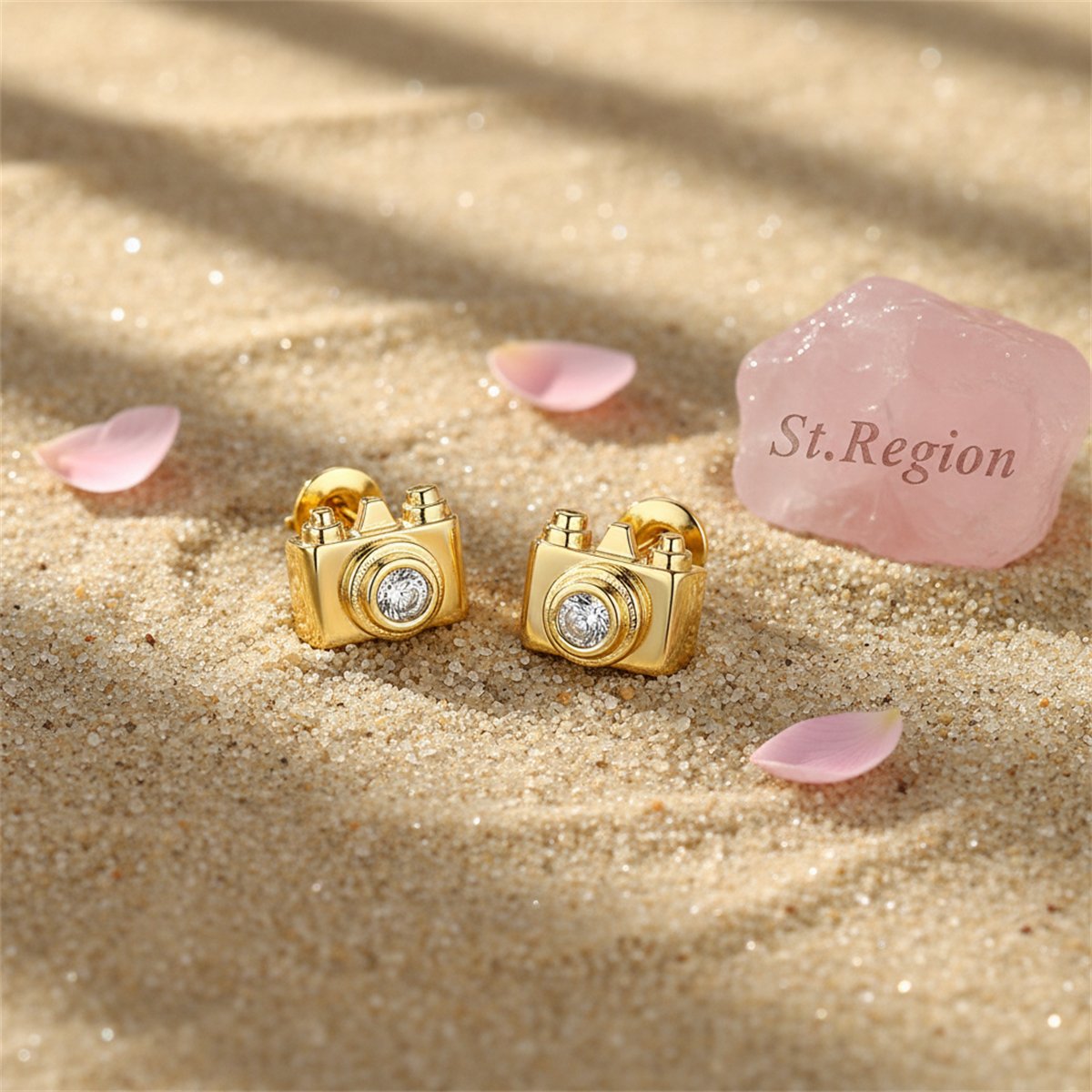 Cubic Zirconia and 18K Gold-Plated Camera Stud Earrings, gold stud earrings for women, elegant gift for her, detail close-up