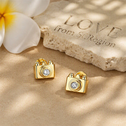 Cubic Zirconia and 18K Gold-Plated Camera Stud Earrings, gold stud earrings for women, elegant gift for her, lifestyle look
