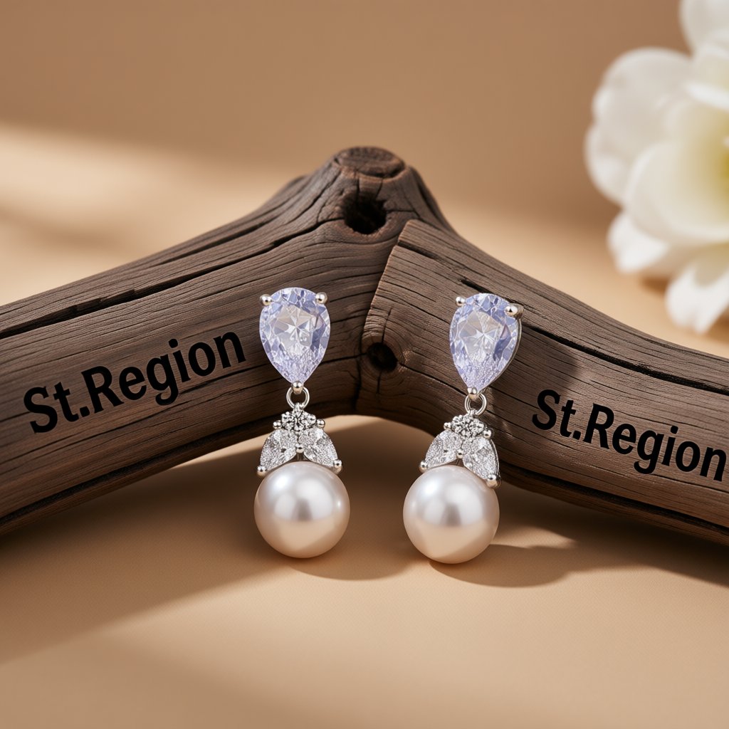 Pearl and Crystal Silver-Plated Drop Earrings, silver drop earrings for women, everyday style, front view