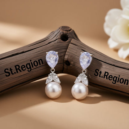 Pearl and Crystal Silver-Plated Drop Earrings, silver drop earrings for women, everyday style, front view