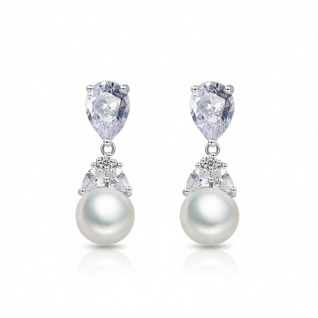 Pearl and Crystal Silver-Plated Drop Earrings, silver drop earrings for women, everyday style, side view