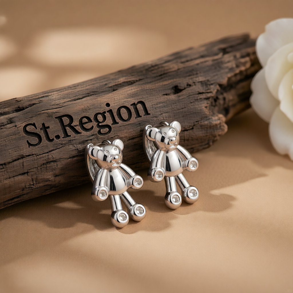 Silver-Plated Bear Huggie Earrings, silver huggie earrings, vintage-inspired design, front view