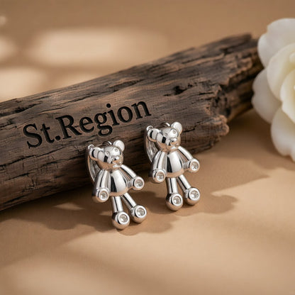 Silver-Plated Bear Huggie Earrings, silver huggie earrings, vintage-inspired design, front view