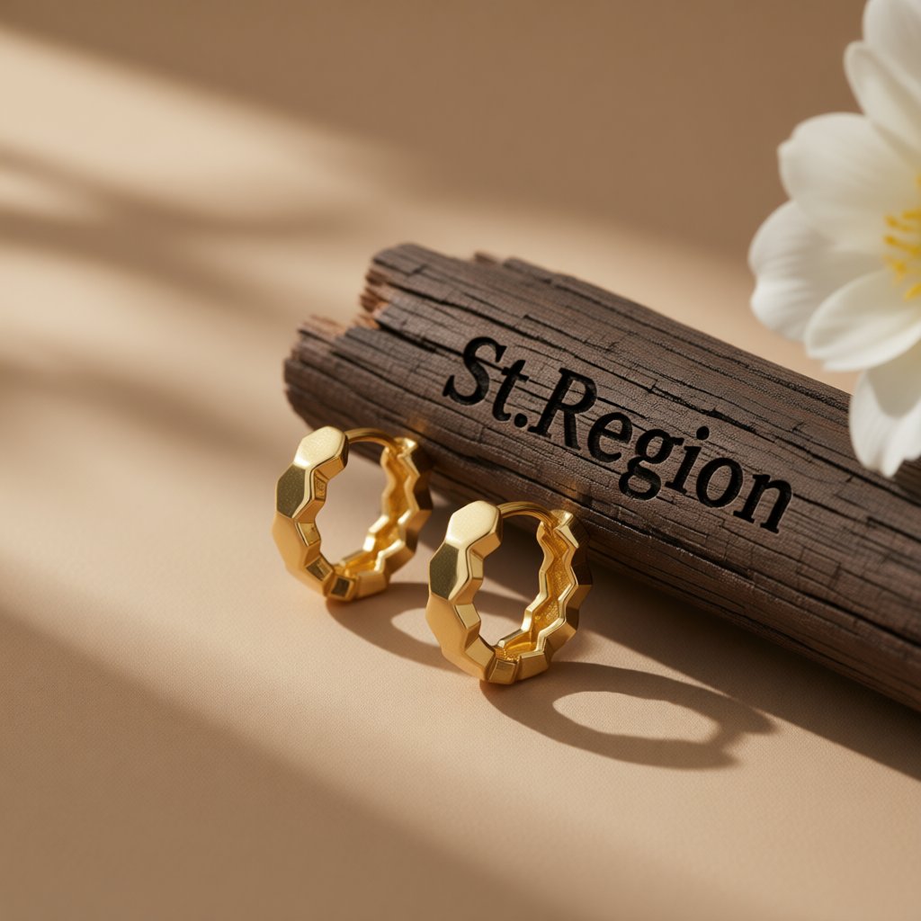 18K Gold-Plated Hexagon Huggie Earrings, gold huggie earrings, everyday style, front view