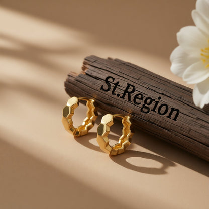 18K Gold-Plated Hexagon Huggie Earrings, gold huggie earrings, everyday style, front view