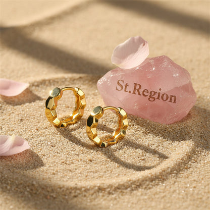 18K Gold-Plated Hexagon Huggie Earrings, gold huggie earrings, everyday style, detail close-up