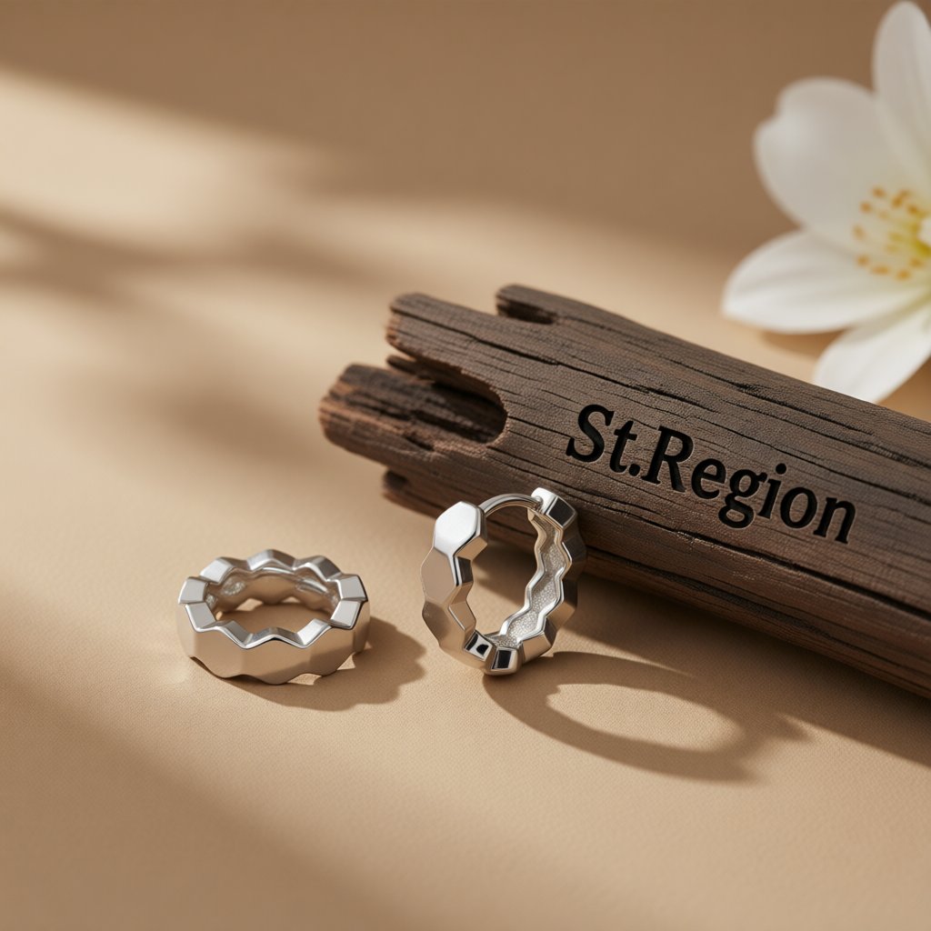 Silver-Plated Hexagon Huggie Earrings, silver huggie earrings, botanical inspired, front view