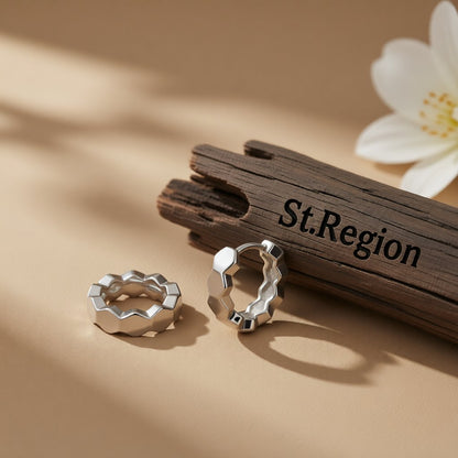 Silver-Plated Hexagon Huggie Earrings, silver huggie earrings, botanical inspired, front view