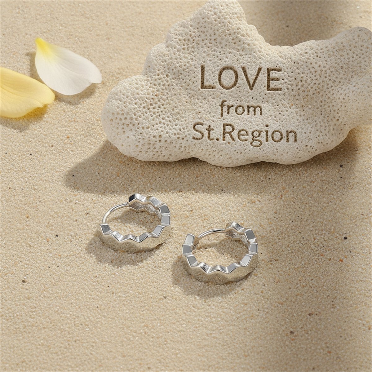 Silver-Plated Hexagon Huggie Earrings, silver huggie earrings, botanical inspired, lifestyle look
