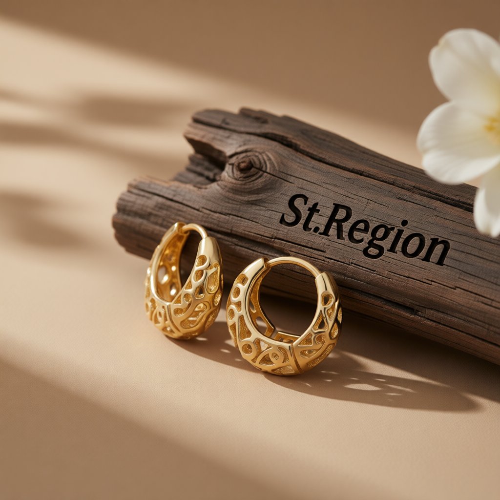 18K Gold-Plated Filigree Huggie Earrings, gold huggie earrings, everyday style, front view
