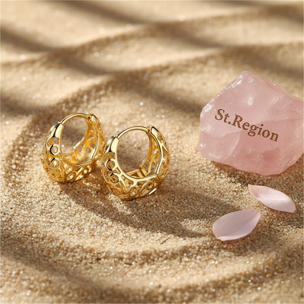 18K Gold-Plated Filigree Huggie Earrings, gold huggie earrings, everyday style, detail close-up