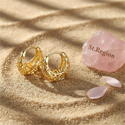 18K Gold-Plated Filigree Huggie Earrings, gold huggie earrings, everyday style, detail close-up