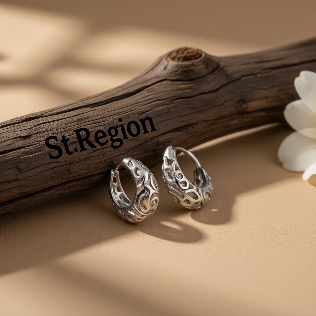 Silver-Plated Filigree Huggie Earrings, silver huggie earrings, elegant gift for her, front view