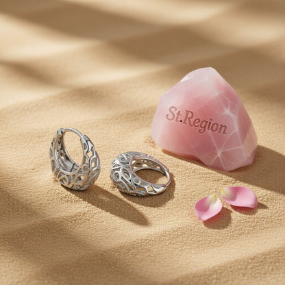 Silver-Plated Filigree Huggie Earrings, silver huggie earrings, elegant gift for her, detail close-up