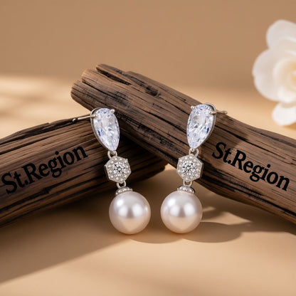 Crystal and Pearl Silver-Plated Cubic Zirconia-Accent Drop Earrings, silver drop earrings for women, front view