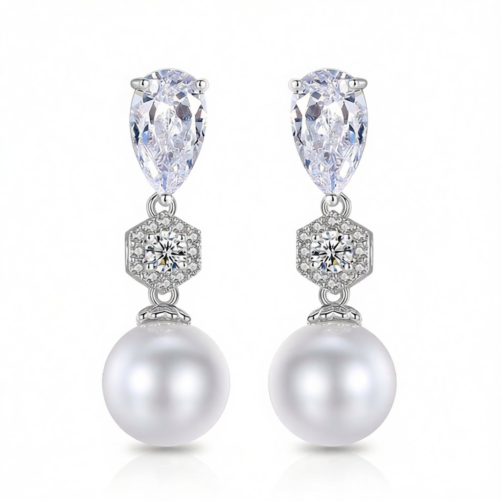 Crystal and Pearl Silver-Plated Cubic Zirconia-Accent Drop Earrings, silver drop earrings for women, side view
