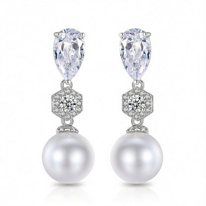 Crystal and Pearl Silver-Plated Cubic Zirconia-Accent Drop Earrings, silver drop earrings for women, side view