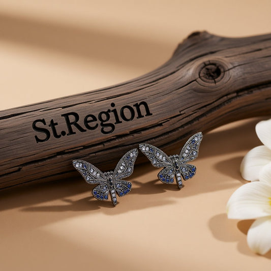 Black Cubic Zirconia and Rhodium-Plated Butterfly Stud Earrings, stud earrings for women, botanical inspired, front view