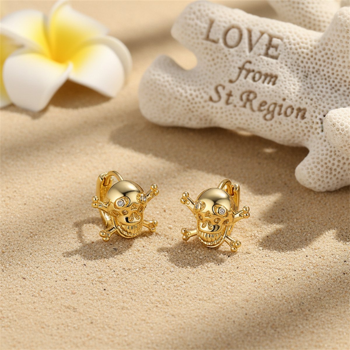 Cubic Zirconia and 18K Gold-Plated Skull Huggie Earrings, gold huggie earrings, vintage-inspired design, lifestyle look