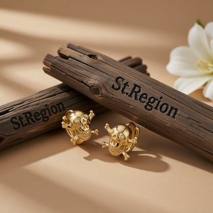 Cubic Zirconia and 18K Gold-Plated Skull Huggie Earrings, gold huggie earrings, vintage-inspired design, front view