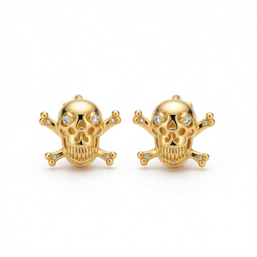 Cubic Zirconia and 18K Gold-Plated Skull Huggie Earrings, gold huggie earrings, vintage-inspired design, side view