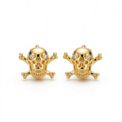 Cubic Zirconia and 18K Gold-Plated Skull Huggie Earrings, gold huggie earrings, vintage-inspired design, side view