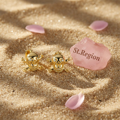 Cubic Zirconia and 18K Gold-Plated Skull Huggie Earrings, gold huggie earrings, vintage-inspired design, detail close-up