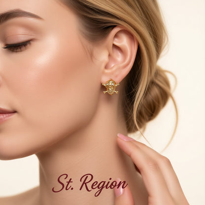 Cubic Zirconia and 18K Gold-Plated Skull Huggie Earrings, gold huggie earrings, vintage-inspired design, styled look
