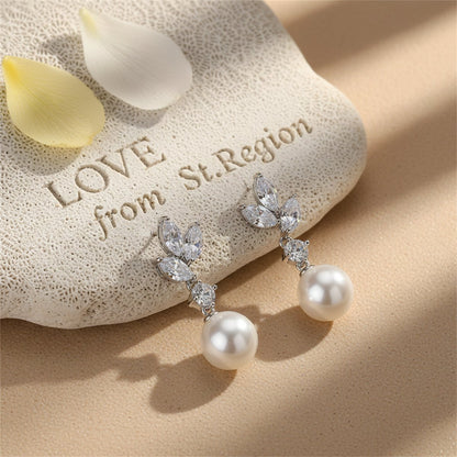 Crystal and Cubic Zirconia Pearl Botanical Drop Earrings, drop earrings for women, dainty minimalist design, lifestyle look